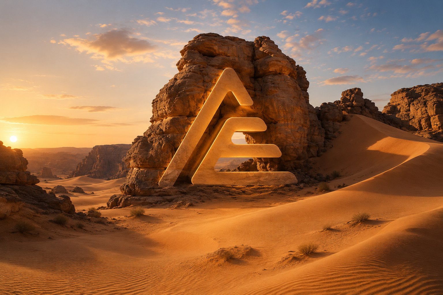 شعار أكاكوس منحوتًا بين صخور أكاكوس عند الغروب